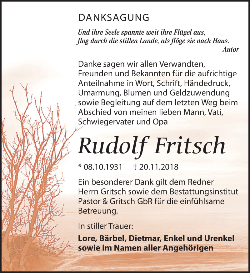  Traueranzeige für Rudolf Fritsch vom 22.12.2018 aus Leipziger Volkszeitung