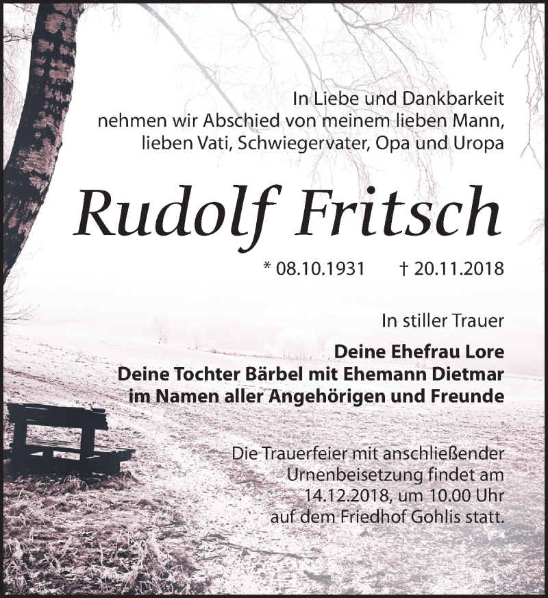  Traueranzeige für Rudolf Fritsch vom 01.12.2018 aus Leipziger Volkszeitung