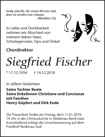 Traueranzeige von Siegfried Fischer von Dresdner Neue Nachrichten