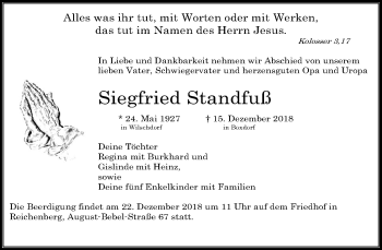 Traueranzeige von Siegfried Standfuß von Dresdner Neue Nachrichten