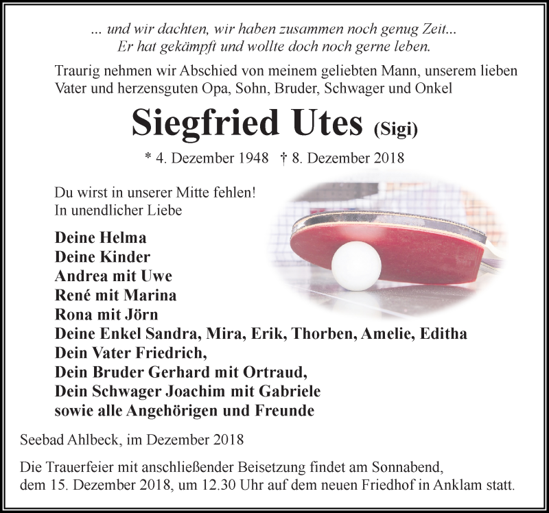  Traueranzeige für Siegfried Utes vom 13.12.2018 aus Ostsee-Zeitung GmbH
