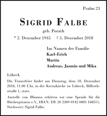 Traueranzeige von Sigrid Falbe von Lübecker Nachrichten