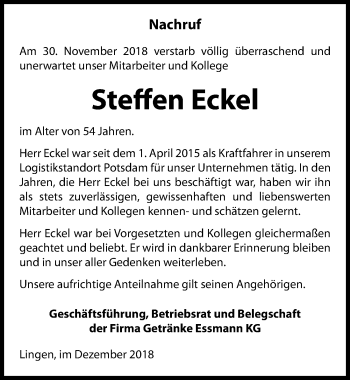 Traueranzeige von Steffen Eckel von Märkischen Allgemeine Zeitung