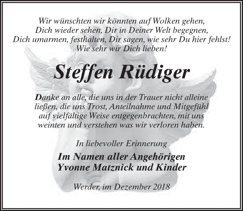  Traueranzeige für Steffen Rüdiger vom 08.12.2018 aus Märkischen Allgemeine Zeitung
