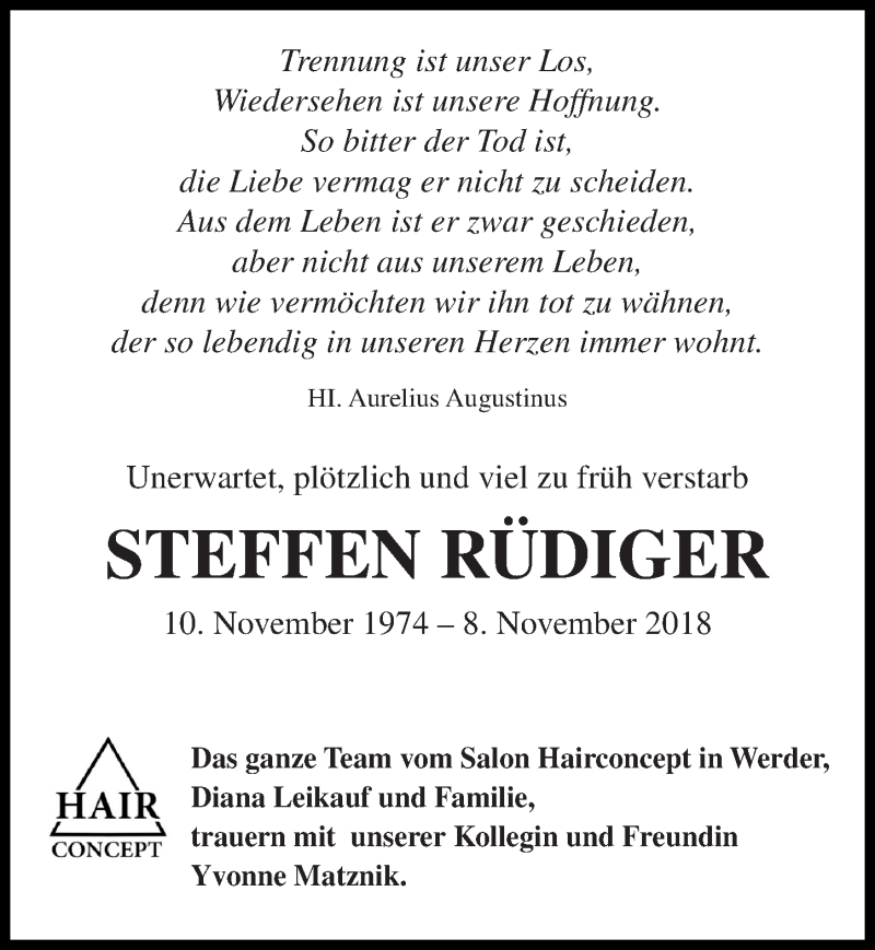  Traueranzeige für Steffen Rüdiger vom 01.12.2018 aus Märkischen Allgemeine Zeitung