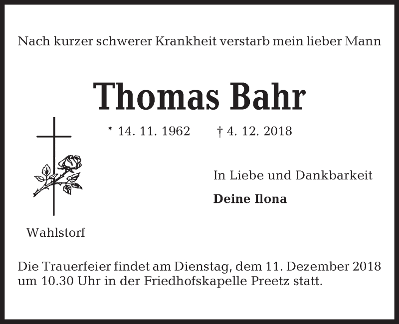  Traueranzeige für THomas Bahr vom 08.12.2018 aus Kieler Nachrichten