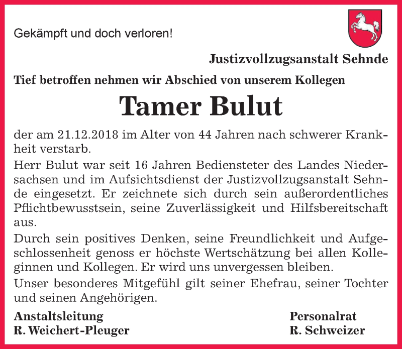  Traueranzeige für Tamer Bulut vom 29.12.2018 aus Peiner Allgemeine Zeitung