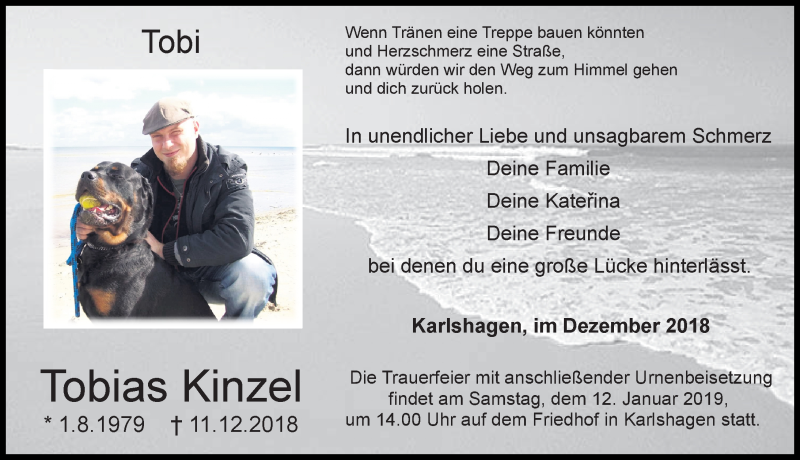  Traueranzeige für Tobias Kinzel vom 22.12.2018 aus Ostsee-Zeitung GmbH