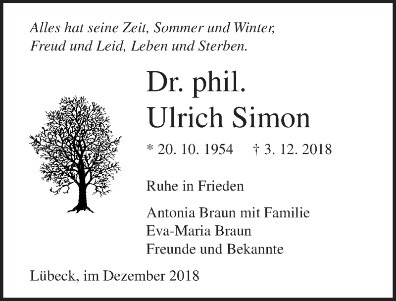  Traueranzeige für Ulrich Simon vom 25.12.2018 aus Lübecker Nachrichten