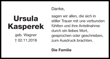 Traueranzeige von Ursula Kasperek von Hannoversche Allgemeine Zeitung/Neue Presse