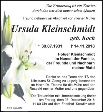 Traueranzeige von Ursula Kleinschmidt von Leipziger Volkszeitung