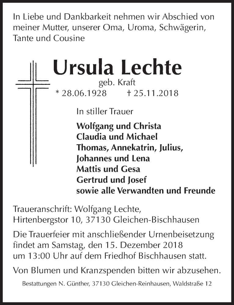  Traueranzeige für Ursula Lechte vom 08.12.2018 aus Göttinger Tageblatt
