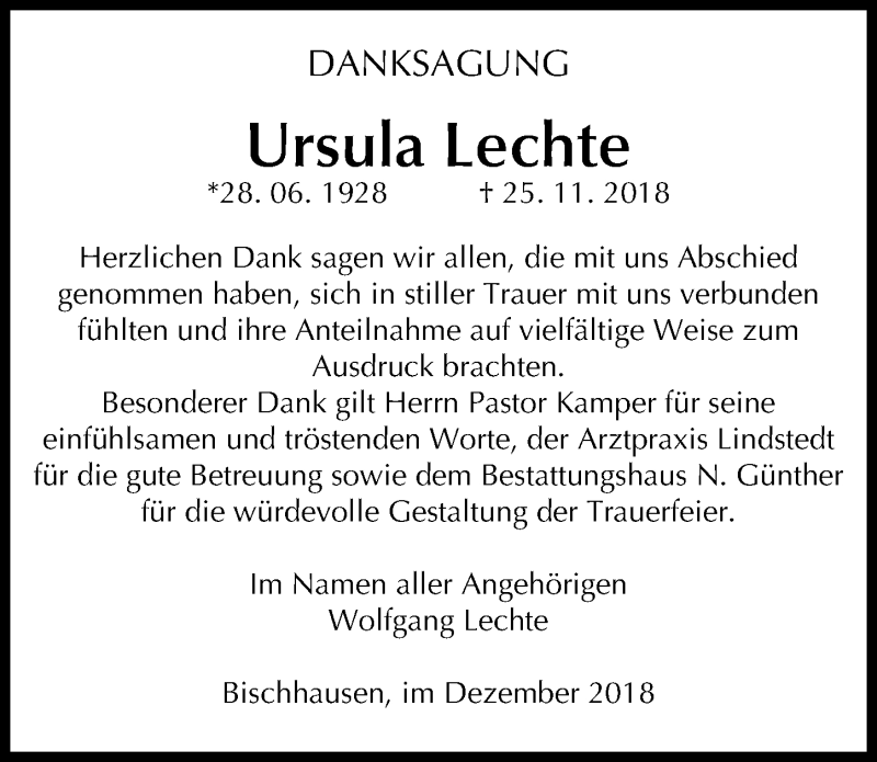  Traueranzeige für Ursula Lechte vom 29.12.2018 aus Göttinger Tageblatt