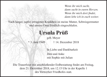 Traueranzeige von Ursula Prüß von Lübecker Nachrichten