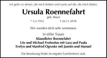 Traueranzeige von Ursula Roennefahrt von Hannoversche Allgemeine Zeitung/Neue Presse