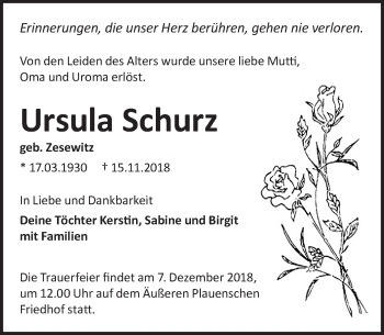 Traueranzeige von Ursula Schurz von Dresdner Neue Nachrichten