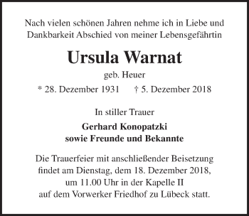 Traueranzeige von Ursula Warnat von Lübecker Nachrichten