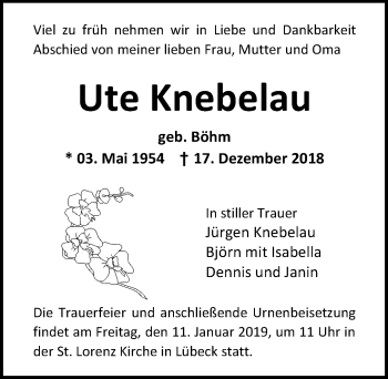 Traueranzeige von Ute Knebelau von Lübecker Nachrichten