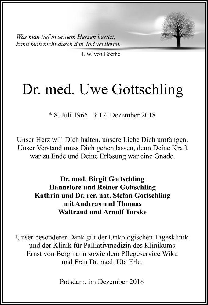  Traueranzeige für Uwe Gottschling vom 22.12.2018 aus Märkischen Allgemeine Zeitung