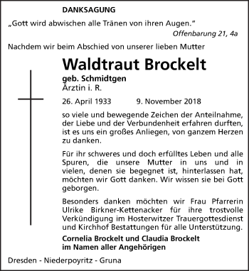 Traueranzeige von Waldtraut Brockelt von Dresdner Neue Nachrichten