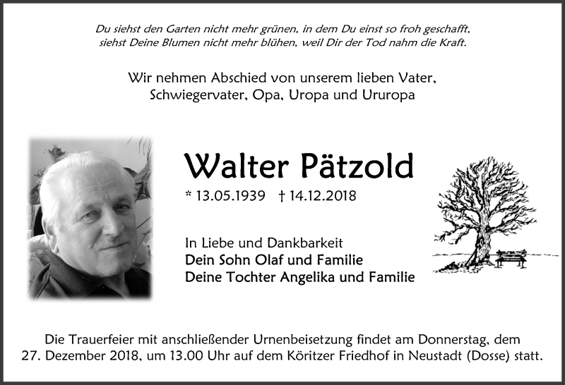 Traueranzeige für Walter Pätzold vom 20.12.2018 aus Märkischen Allgemeine Zeitung