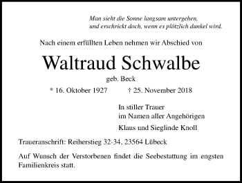 Traueranzeige von Waltraud Schwalbe von Lübecker Nachrichten