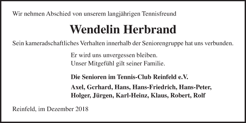  Traueranzeige für Wendelin Herbrand vom 18.12.2018 aus Lübecker Nachrichten