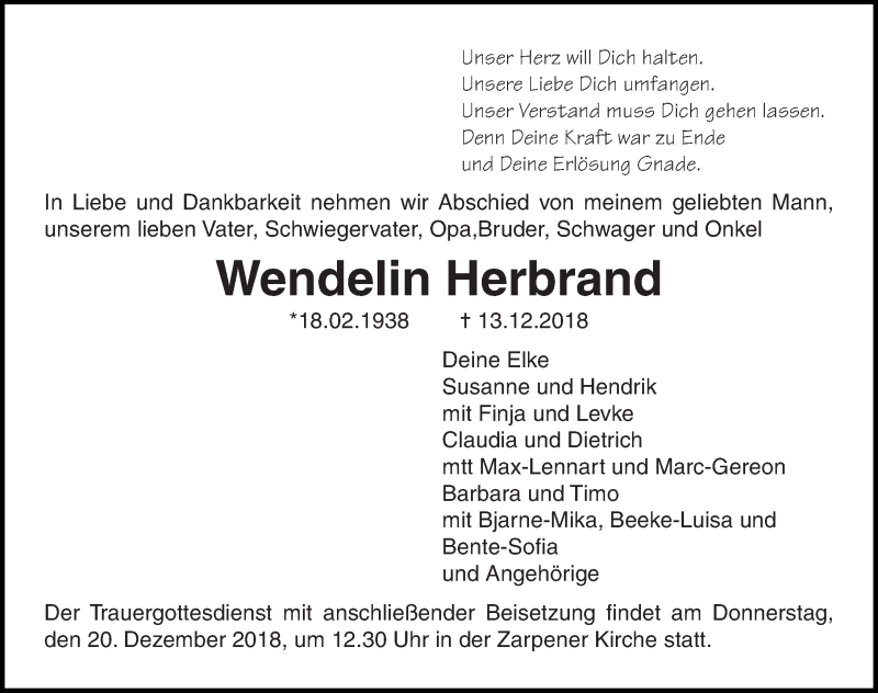  Traueranzeige für Wendelin Herbrand vom 18.12.2018 aus Lübecker Nachrichten