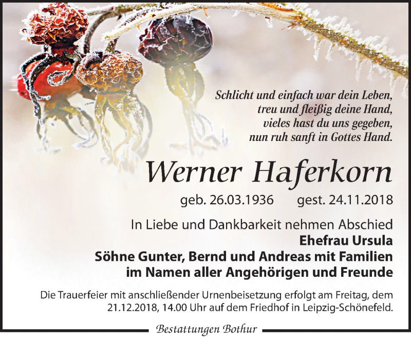  Traueranzeige für Werner Haferkorn vom 08.12.2018 aus Leipziger Volkszeitung