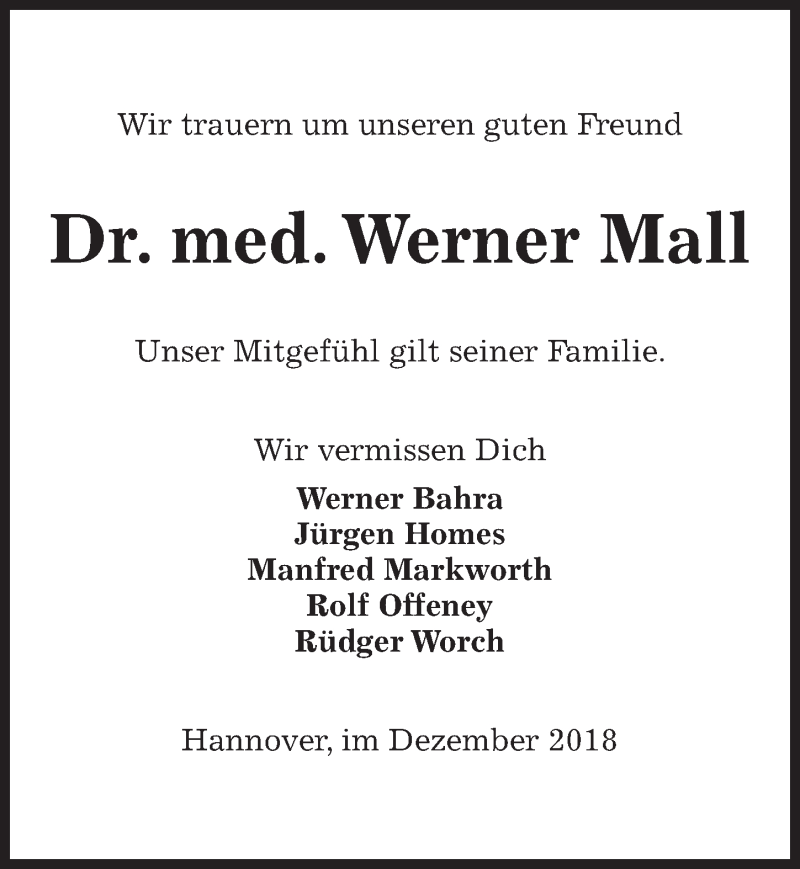  Traueranzeige für Werner Mall vom 19.12.2018 aus Hannoversche Allgemeine Zeitung/Neue Presse