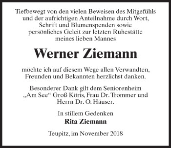 Traueranzeige von Werner Ziemann von Märkischen Allgemeine Zeitung