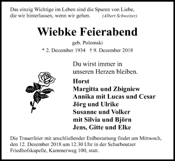 Traueranzeige von Wiebke Feierabend von Lübecker Nachrichten