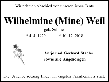 Traueranzeige von Wilhelmine Weil von Kieler Nachrichten