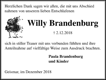 Traueranzeige von Willy Bradenburg von Göttinger Tageblatt
