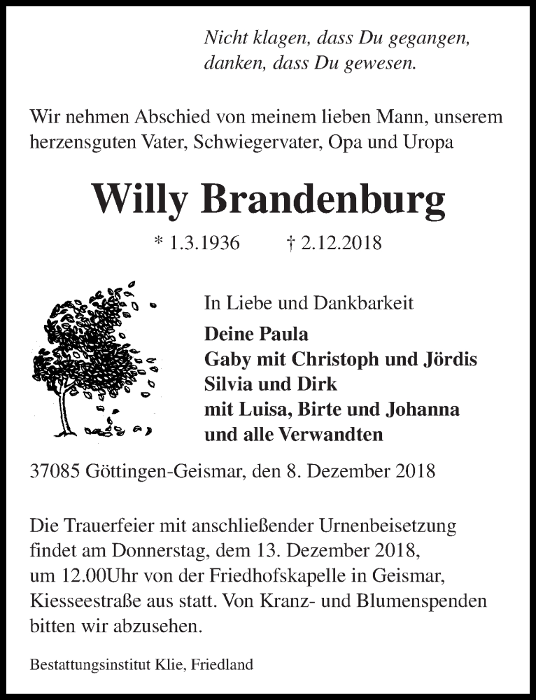  Traueranzeige für Willy Brandenburg vom 08.12.2018 aus Göttinger Tageblatt