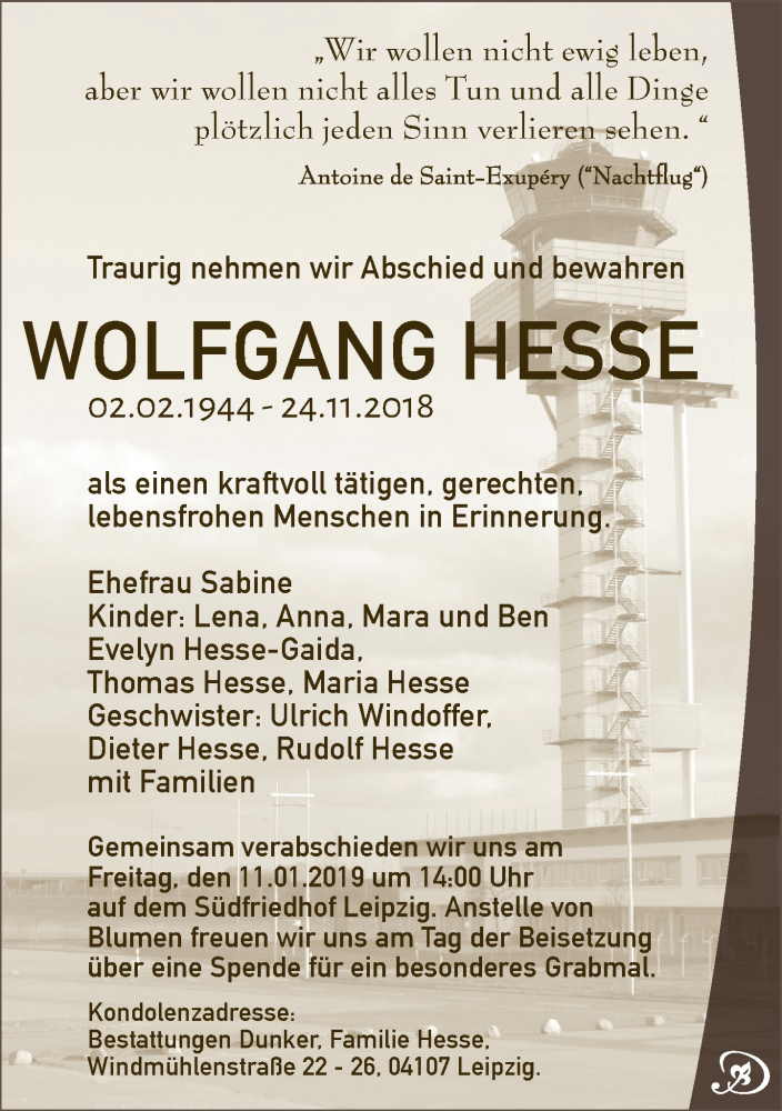  Traueranzeige für Wolfgang Hesse vom 08.12.2018 aus Leipziger Volkszeitung