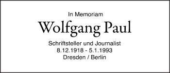 Traueranzeige von Wolfgang Paul von Dresdner Neue Nachrichten