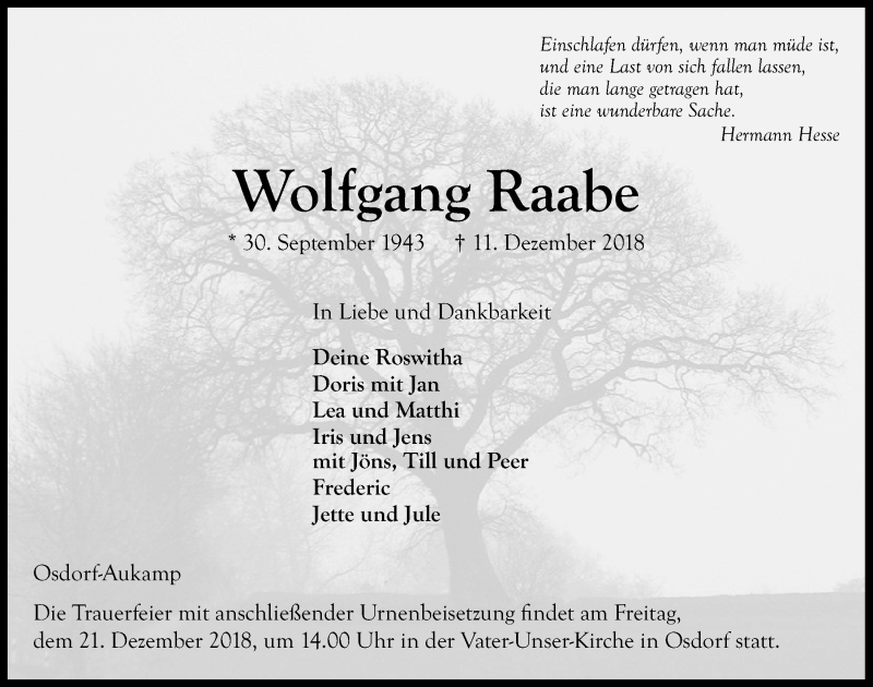  Traueranzeige für Wolfgang Raabe vom 15.12.2018 aus Kieler Nachrichten