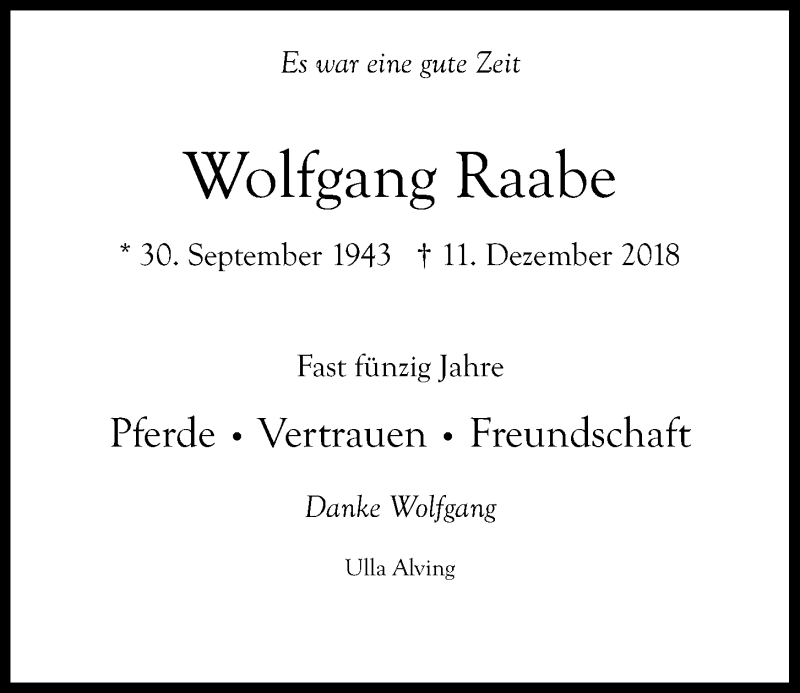  Traueranzeige für Wolfgang Raabe vom 15.12.2018 aus Kieler Nachrichten