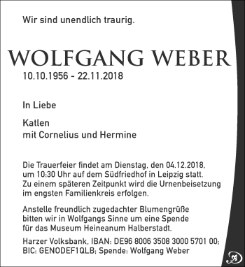 Traueranzeige von Wolfgang Weber von Leipziger Volkszeitung