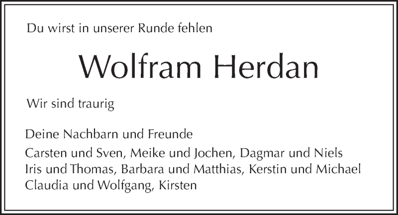  Traueranzeige für Wolfram Herdan vom 08.12.2018 aus Kieler Nachrichten