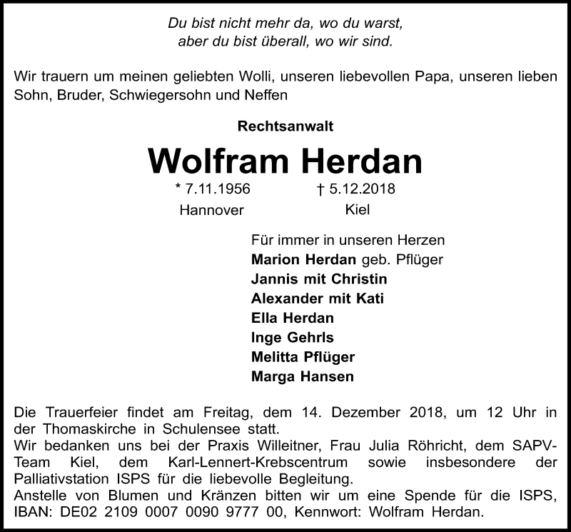  Traueranzeige für Wolfram Herdan vom 08.12.2018 aus Kieler Nachrichten