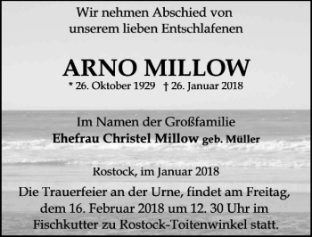 Traueranzeige von ARNO MILLOW von Ostsee-Zeitung