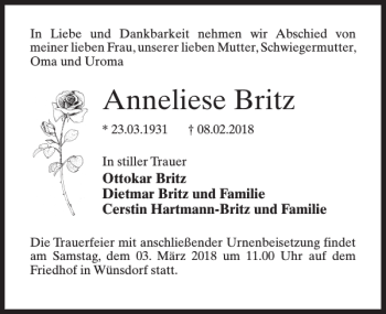 Traueranzeige von Anneliese Britz von MAZ-Trauer.de