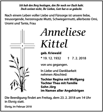 Traueranzeige von Anneliese Kittel von Torgauer Zeitung
