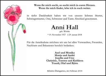 Traueranzeige von Anni Hall von Ostsee-Zeitung