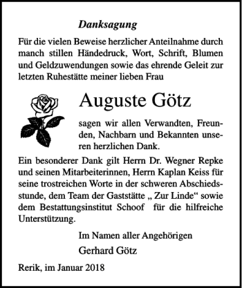 Traueranzeige von Auguste Götz von Ostsee-Zeitung