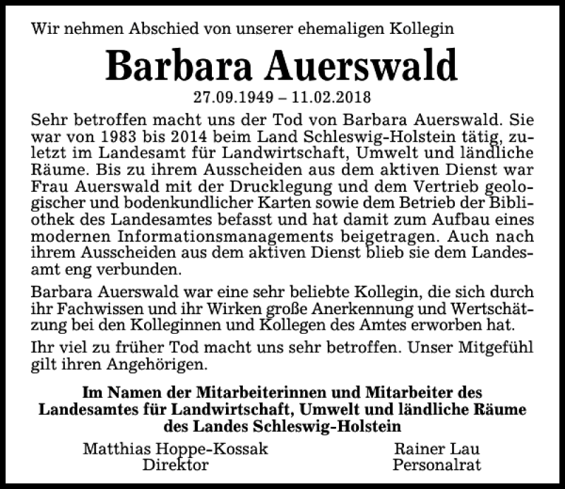  Traueranzeige für Barbara Auerswald vom 17.02.2018 aus Kieler Nachrichten / Segeberger Zeitung
