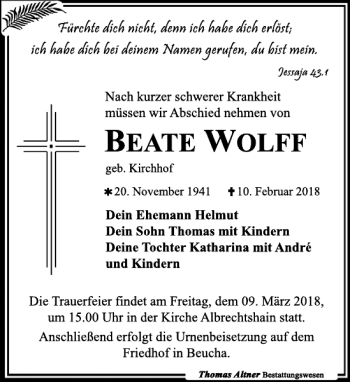 Traueranzeige von Beate Wolff von Leipziger Volkszeitung