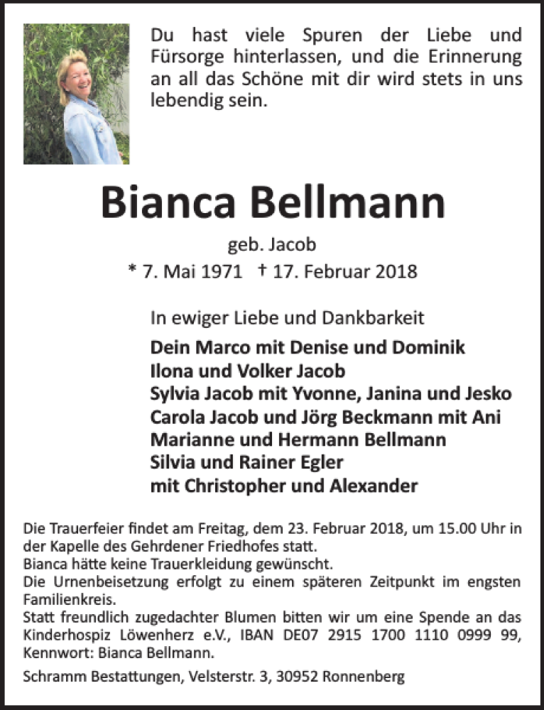  Traueranzeige für Bianca Bellmann vom 21.02.2018 aus HAZ/NP